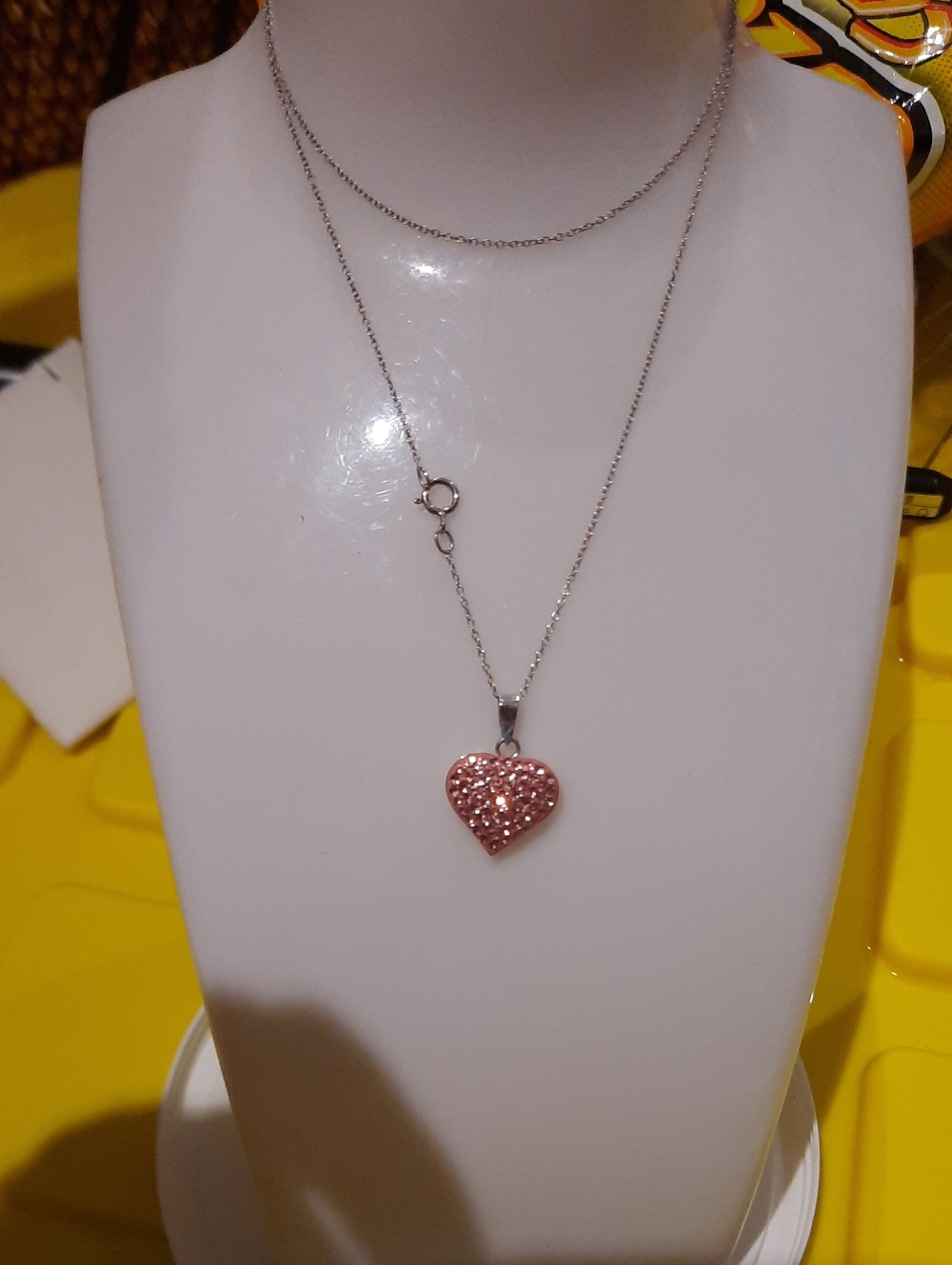 GENUINE AUTHENTIC PUFFED PINK CRYSTAL HEART SOLID STERLING SILVER NECKLACE 18"